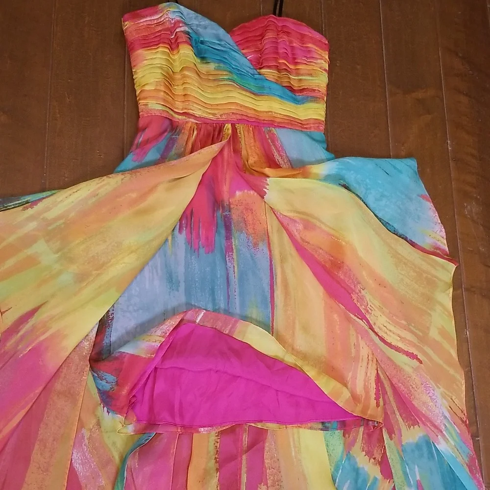 Laundry By Shelli Segal Multi Color Chiffon Strapless High Low Maxi Dress - Picture 10 of 13